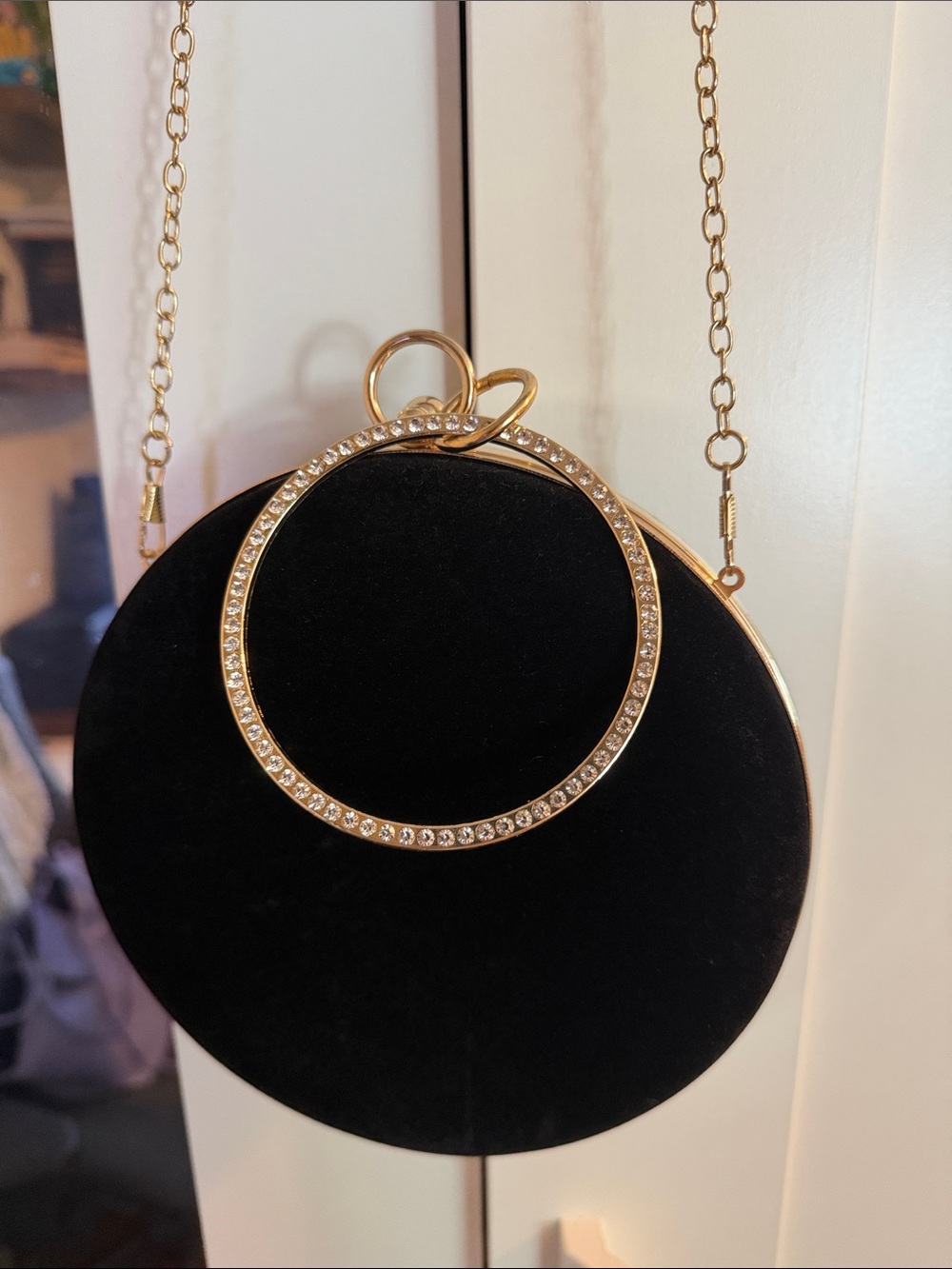 Black Velvet Round Clutch with Gold Crystal Hoop